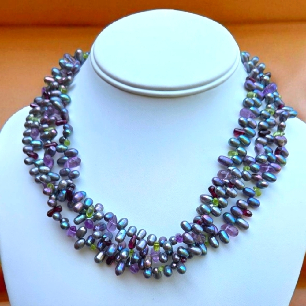 3 Strands Multicolor Peacock Pearl Necklace Amethyst With Silver Slaps